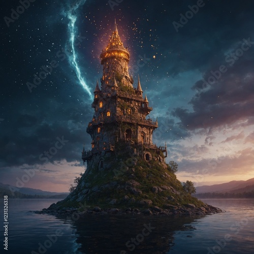 A floating wizard's tower surrounded by magic runes