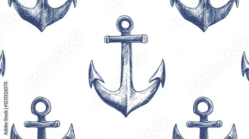 Nautical Anchor Pattern, whimsical hand-drawn design featuring repeating anchors, ideal for marine-themed projects and decor photo