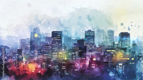 Wallpaper Mural This abstract artwork features a colorful city skyline illuminated by soft lights, blended with watercolor effects, creating a dreamlike atmosphere. Torontodigital.ca