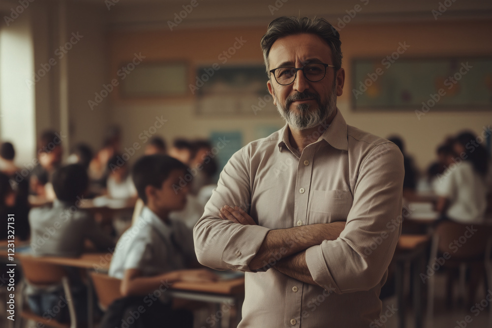 Fototapeta premium Confident teacher in a classroom setting.
