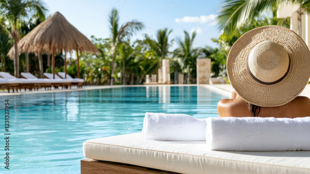 Obraz premium woman relaxing by luxurious hotel resort pool under sun