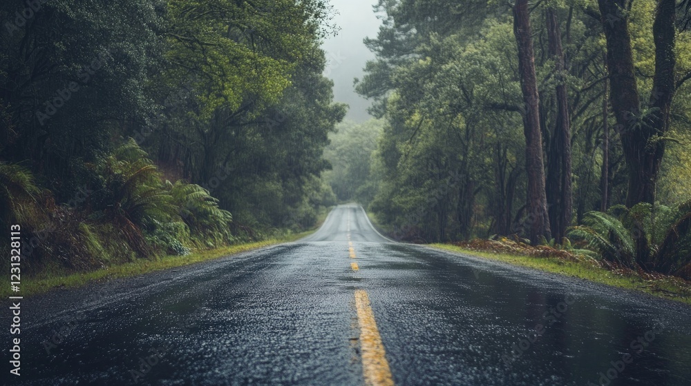 Obraz premium Rainy day on a paved road winding through a dense forest with trees and ferns lining the way