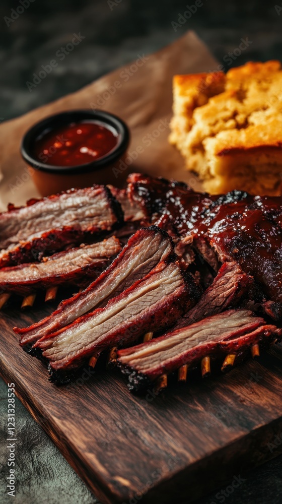 Baked beef ribs with barbecue sauce on wooden cutting board over dark background Baked beef ribs with barbecue sauce on wooden cutting board over dark background