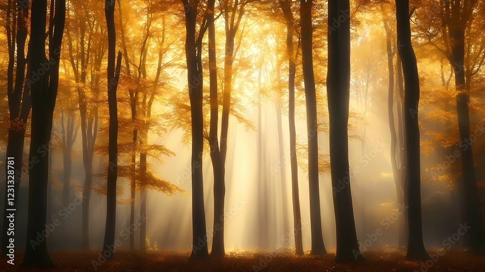 A serene forest scene illuminated by golden sunlight filtering through autumn leaves, creating a magical and tranquil atmosphere. A serene forest scene illuminated by golden sunlight filtering through autumn leaves, creating a magical and tranquil atmosphere.