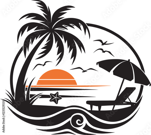 A summer beach themed silhouettes vector of a majestic palm tree swaying in the breeze and a setting sun partially dipping into the horizon and gentle ocean waves, island with trees