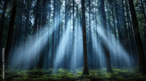 misty forest with beams of light filtering through tall trees creates serene atmosphere