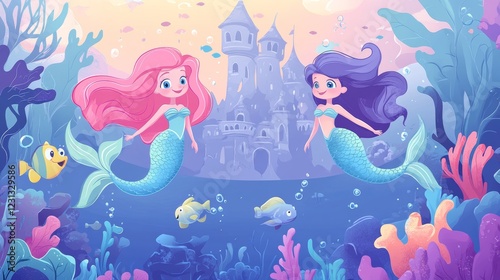 Underwater Fantasy with Two Cute Mermaids and a Magical Castle

