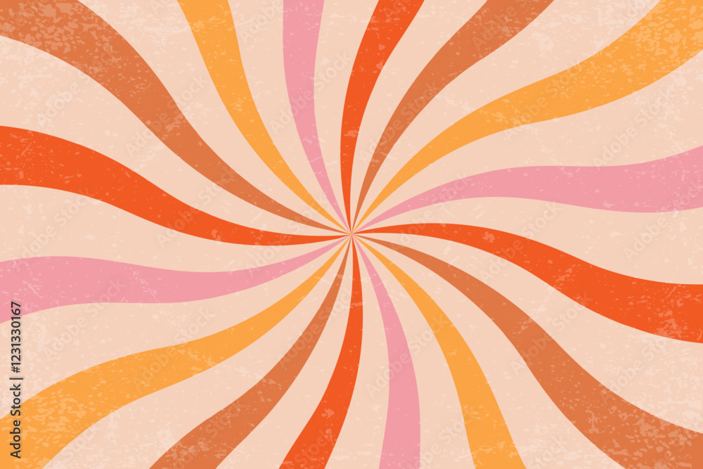 Retro spiral pattern with groovy sun beams. Radial swirl rays with grunge texture. Vintage abstract 70s design with vortex stripes. Vector summer backdrop with curved concentric lines