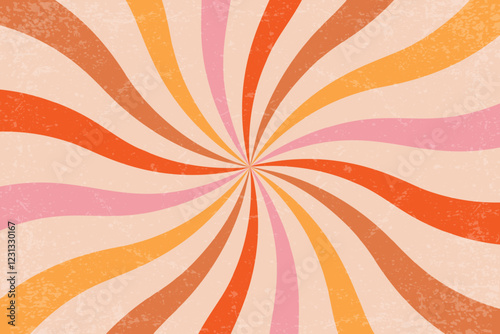 Retro spiral pattern with groovy sun beams. Radial swirl rays with grunge texture. Vintage abstract 70s design with vortex stripes. Vector summer backdrop with curved concentric lines