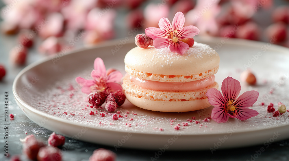 Delicate macarons adorned with flowers and berries Delicate macarons adorned with flowers and berries