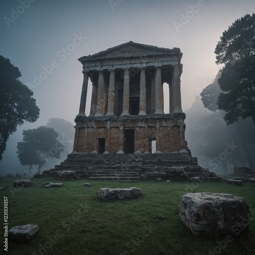 An ancient Roman temple standing in the mist