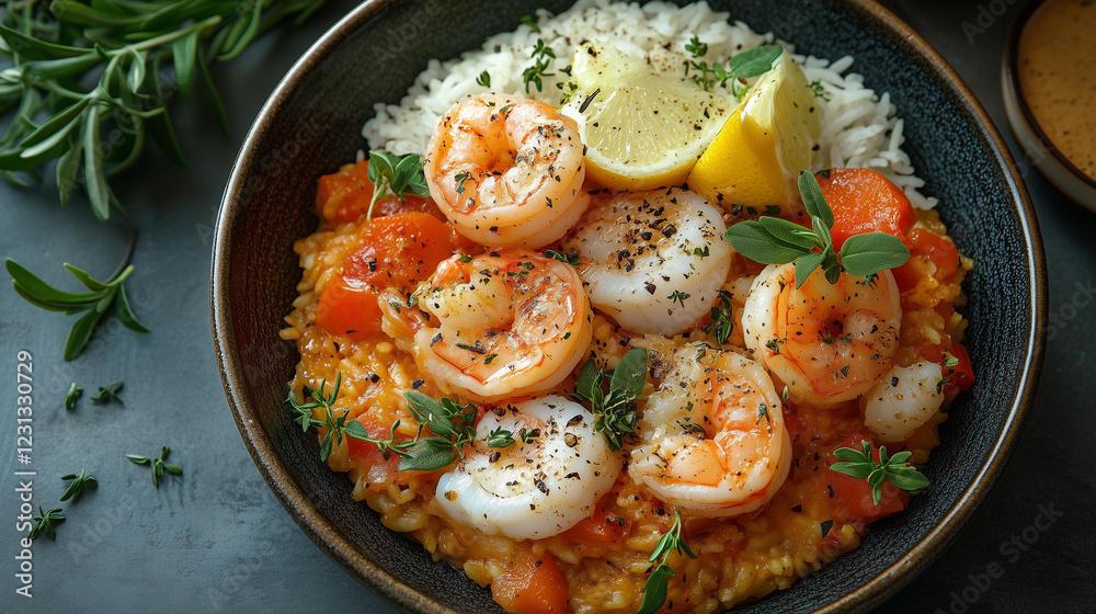 Shrimp risotto with fresh herbs and lemon garnish