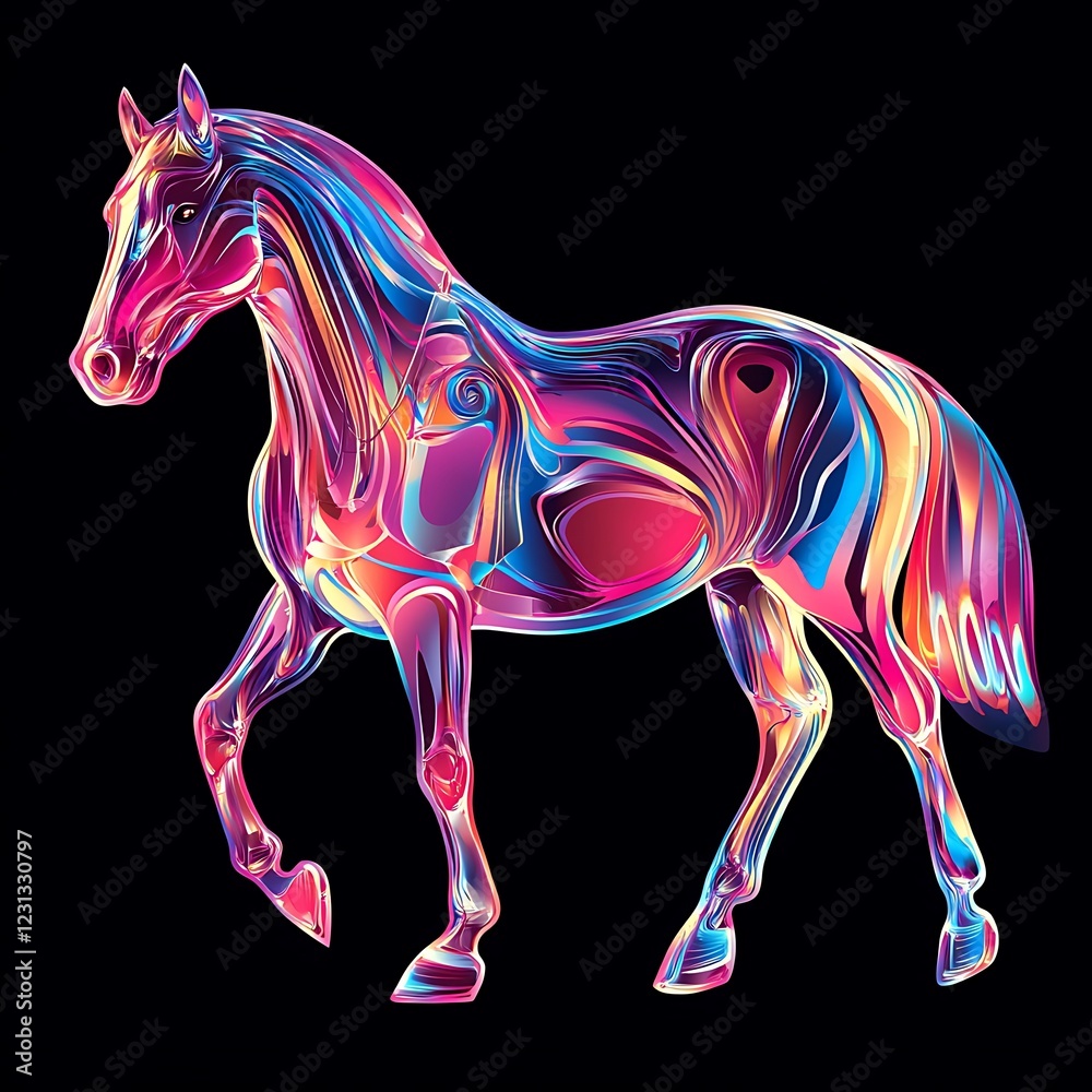 Abstract vibrant horse silhouette on black background. Possible use digital art, poster Abstract vibrant horse silhouette on black background. Possible use digital art, poster