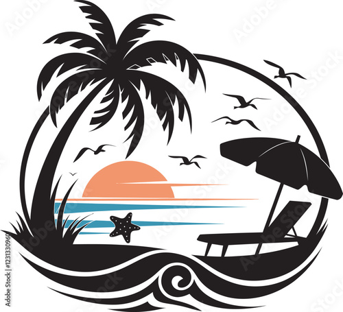A summer beach themed silhouettes vector of a majestic palm tree swaying in the breeze and a setting sun partially dipping into the horizon and gentle ocean waves, tropical island with palm trees