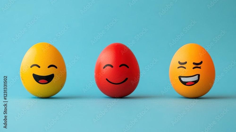 Three eggs with different happy faces. A cheerful and playful image perfect for spring or celebrations. Three eggs with different happy faces. A cheerful and playful image perfect for spring or celebrations.