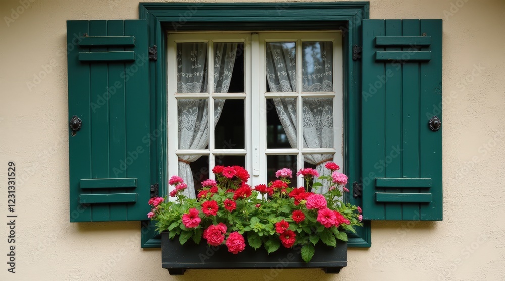 Charming Austrian window adorned with vibrant flowers in a wooden box Charming Austrian window adorned with vibrant flowers in a wooden box