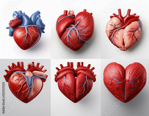 Human heart anatomy. Set of realistic human heart isolated on white background photo