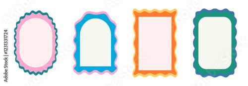 Set of frames with wavy edges. Hand draw doodle borders, colorfull backgrounds. Trendy vector template for birthday or wedding greeting card, invitation, poster, print, cover, social media, sticker. 