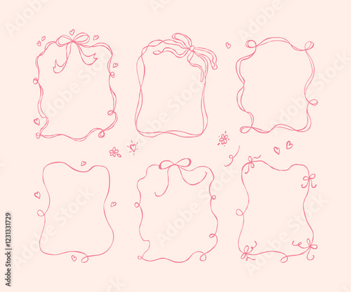 Set of coquette frames with bows, ribbons, hearts and flowers. Hand draw isolated borders. Trendy background for birthday greeting card, wedding invitation, poster, print, cover, banner, sticker.