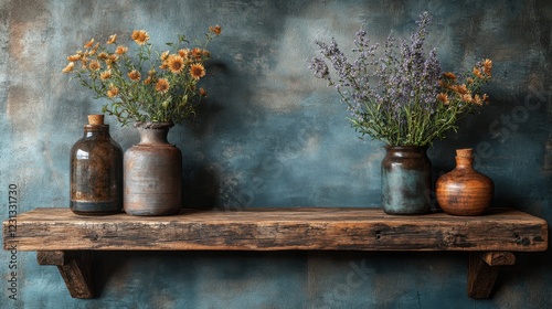 Rustic wooden shelf with two vintage vases holding yellow and purple flowers and two clay bottles.