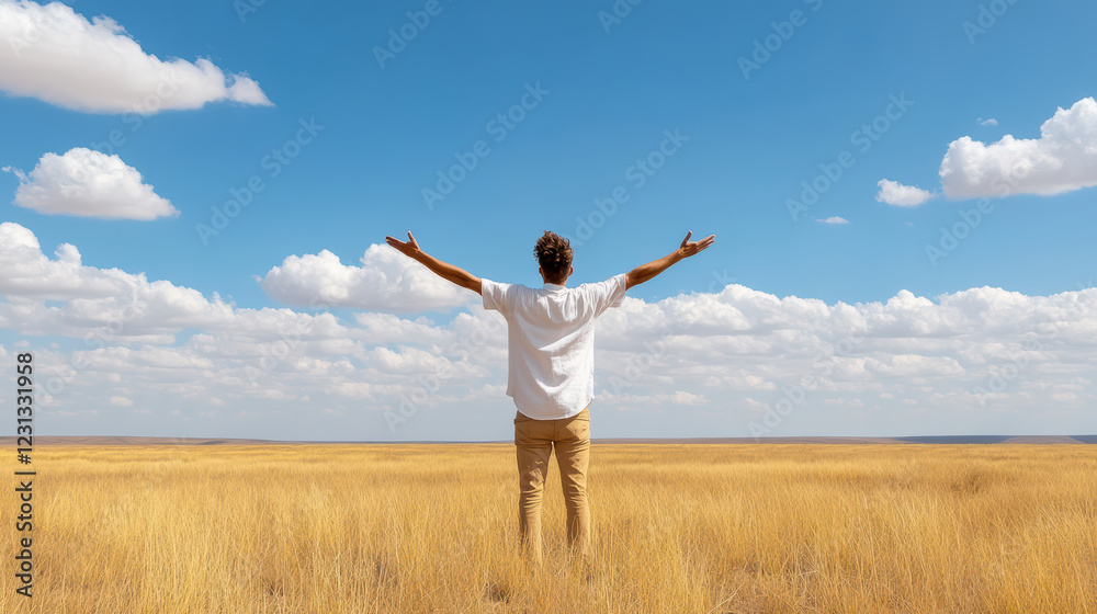 person standing in vast field with arms outstretched, embracing freedom and nature person standing in vast field with arms outstretched, embracing freedom and nature