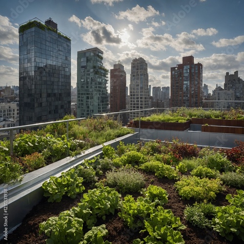 A sustainable green rooftop garden on a tall building