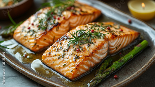 Grilled salmon fillets garnished with herbs and spices