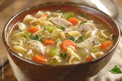 Bowl of comforting chicken noodle soup with carrots, celery, and parsley, rustic wooden table setup