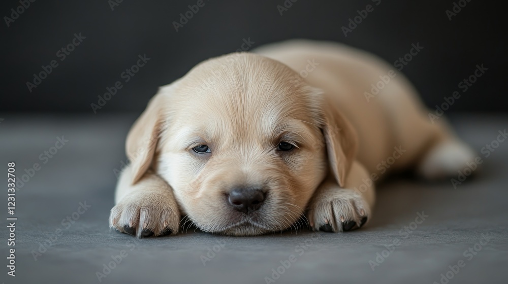 A small puppy is laying on a grey surface. The puppy is brown and has a black nose A small puppy is laying on a grey surface. The puppy is brown and has a black nose