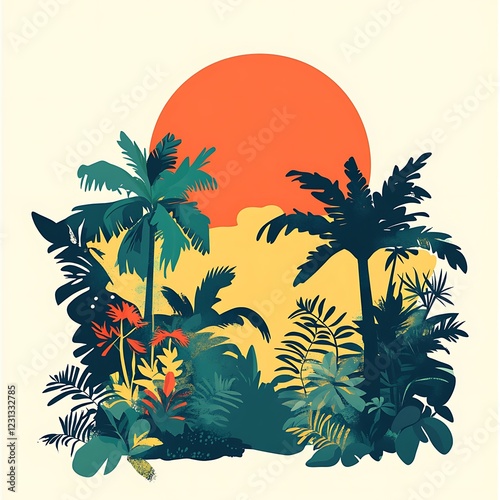 Tropical Paradise Sunset Scene, Graphic Design photo