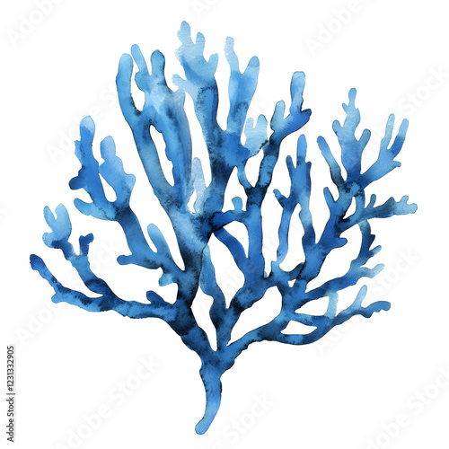 Watercolor painting of blue coral against a white background.