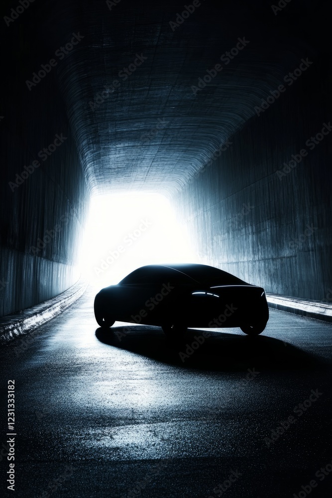 A car is driving down a tunnel. The tunnel is dark and the car is the only thing visible A car is driving down a tunnel. The tunnel is dark and the car is the only thing visible