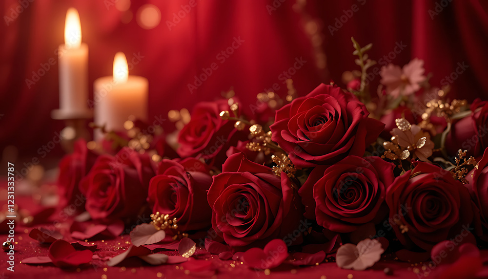 A luxurious Valentine's Day background featuring deep red roses, golden accents, and a velvet texture. Soft candlelight glows in the background, creating an intimate and romantic mood A luxurious Valentine's Day background featuring deep red roses, golden accents, and a velvet texture. Soft candlelight glows in the background, creating an intimate and romantic mood