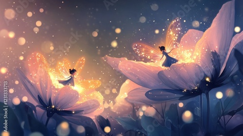 Magical Fairies Glowing on Enchanted Flowers at Night