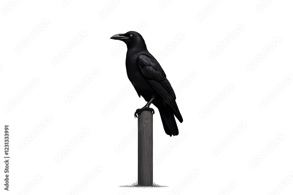 Fototapeta premium A detailed black-and-white outline of a raven standing on a fence post 