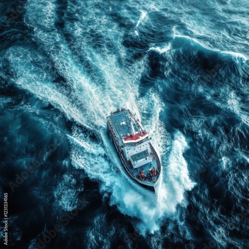 Aerial View of Tugboat Navigating Through Turbulent Ocean Waters