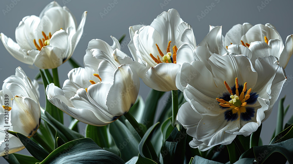 White tulip flowers in a border arrangement isolated on a white background White tulip flowers in a border arrangement isolated on a white background