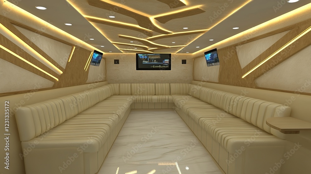 Fototapeta premium Luxury lounge interior design, modern lighting, marble floor, entertainment screens, presentation