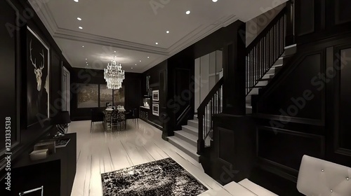 Modern dark foyer, staircase, chandelier, art, home design rendering photo