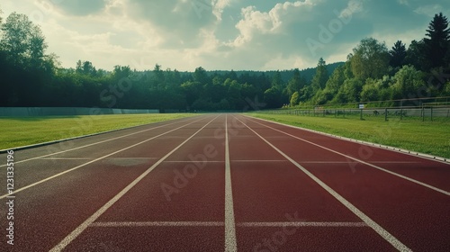 Running Track Surrounded by Lush Greenery: A Scenic View of an Outdoor Athletics Field photo