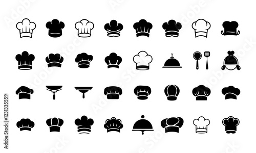 Chef hat silhouette icons set, professional cooking symbols, kitchen uniform vector designs, culinary logo concepts, food industry illustrations, chef hats for branding, menus, advertisements