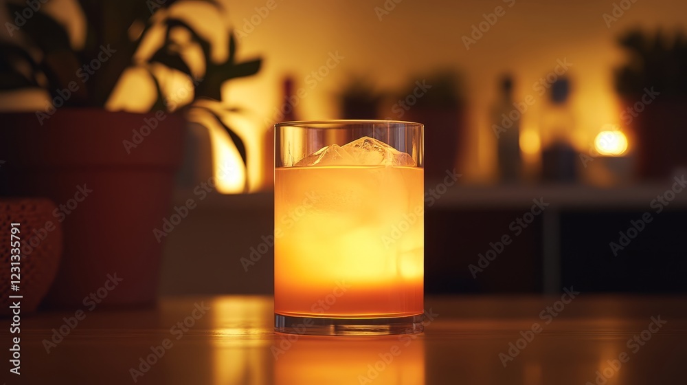 A glass of cocktail with ice cubes on a wooden table, surrounded by warm ambient lighting and blurred background. A glass of cocktail with ice cubes on a wooden table, surrounded by warm ambient lighting and blurred background.