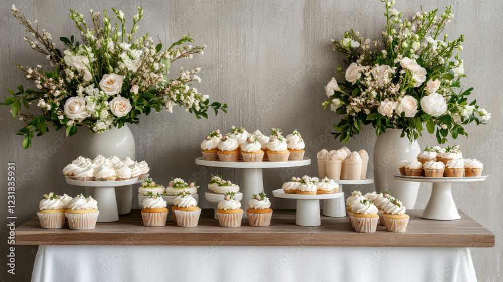 Fototapeta premium Elegant dessert table with cupcakes and floral arrangements