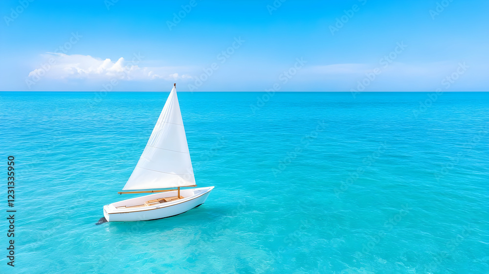 Obraz premium Small sailboat on turquoise ocean, clear sky. Vacation postcard