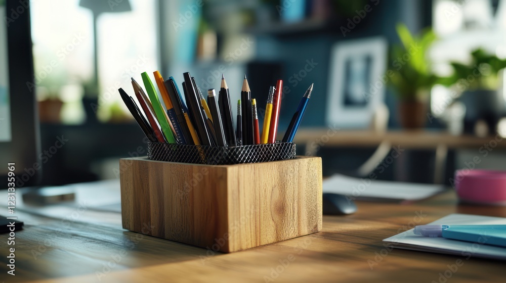 Wooden Pen Holder with Colorful Pens and Pencils on a Desk Wooden Pen Holder with Colorful Pens and Pencils on a Desk