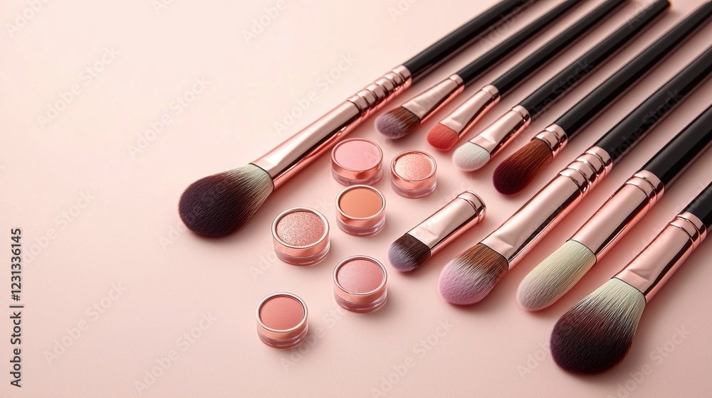 Elegant makeup brushes and eyeshadows on a soft pink background Elegant makeup brushes and eyeshadows on a soft pink background