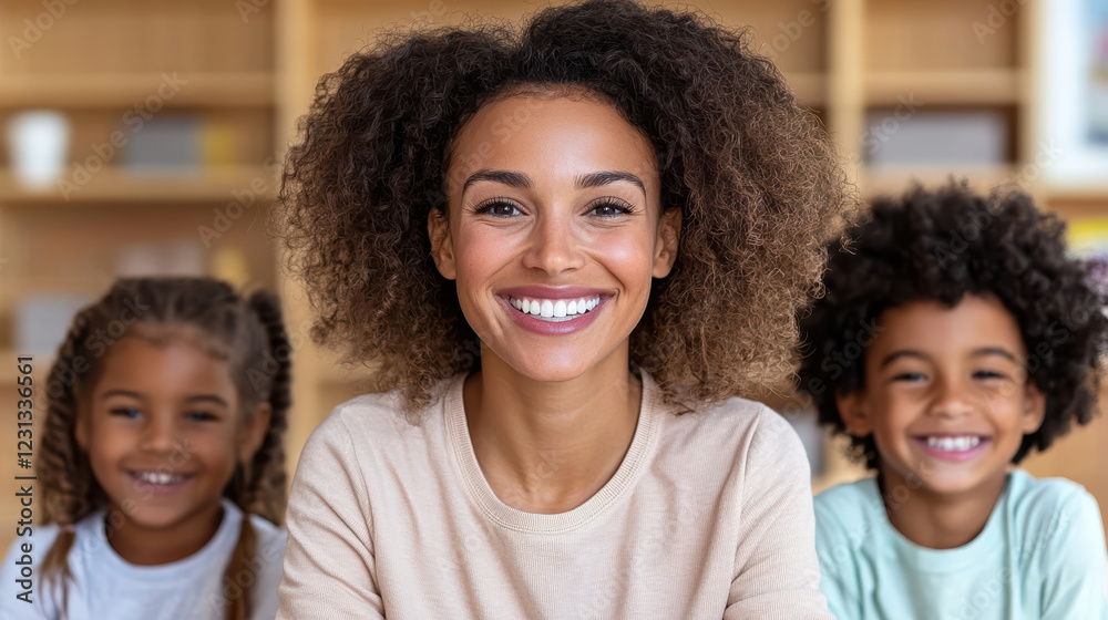 Smiling woman with children in classroom, showcasing joy and connection Smiling woman with children in classroom, showcasing joy and connection