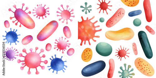 Colorful Watercolor Drawings of Microorganisms and Cells