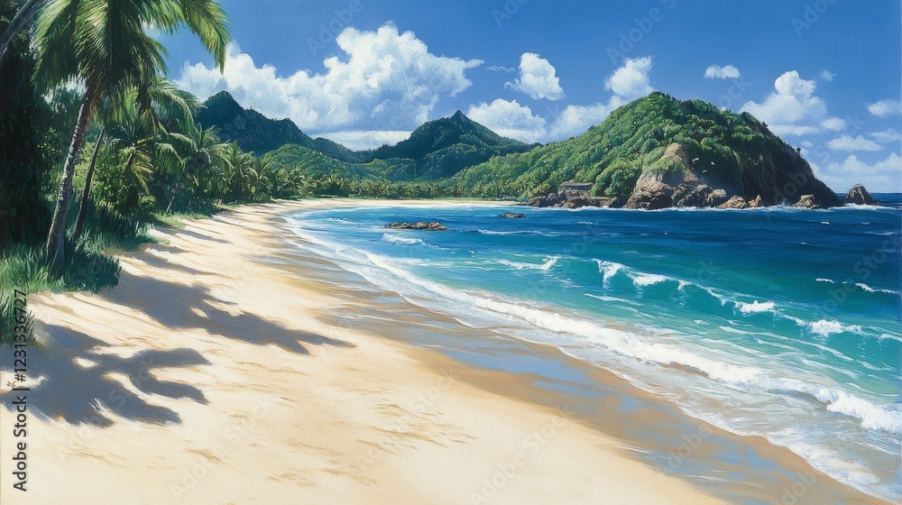 Naklejka premium Tropical Beach Scene Idyllic Sandy Shore, Turquoise Waters, Lush Greenery, Sunny Skies