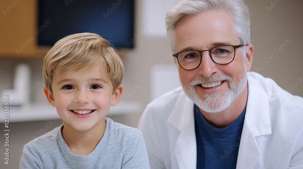 A smiling boy and a senior man in a white coat pose together, showcasing a warm and friendly atmosphere, possibly in a medical setting. A smiling boy and a senior man in a white coat pose together, showcasing a warm and friendly atmosphere, possibly in a medical setting.